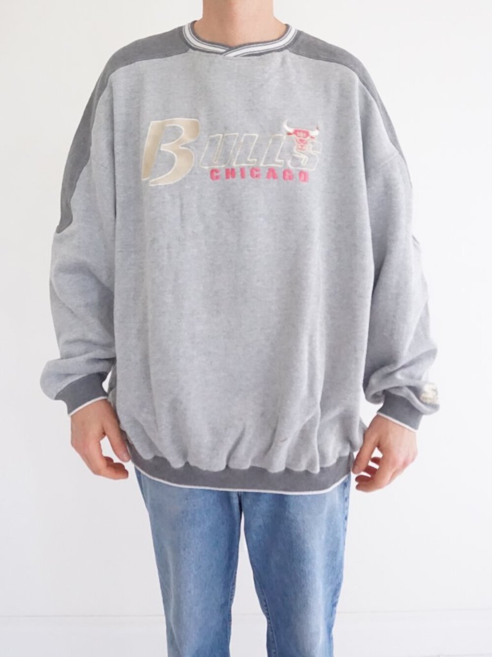 Vintage Starter Grey Chicago Bulls NBA Basketball Spellout Sweatshirt Mens XXL